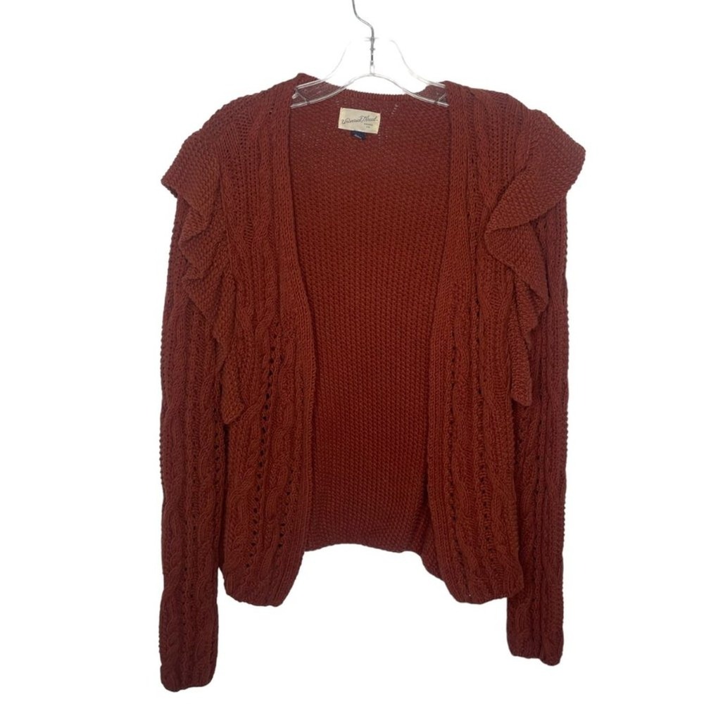 Universal Thread Womens Medium Rust Orange Ruffle Cable Knit Open Front Cardigan